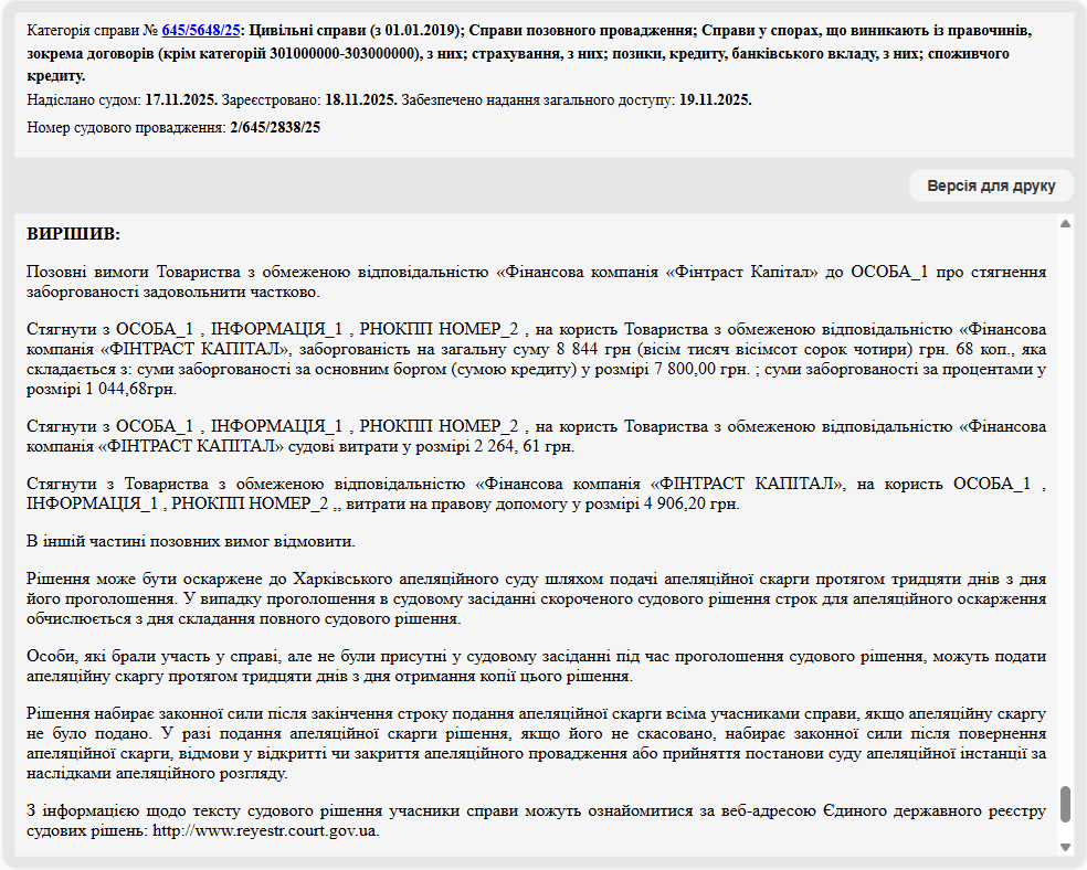 Справа № 645/5648/25: «Фінтраст Капітал» («Слон Кредит») хотіли 60 000, отримали 6000